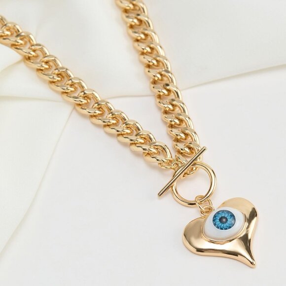 Evil Eye Heart Pendant Necklace Gold Tone Toggle Clasp 15 Inch Chain New - Picture 8 of 10